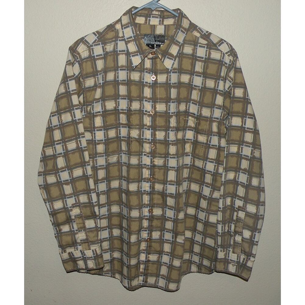 Oakley Men’s Large LS Button Shirt Brown Beige Geometric Design Cotton/Poly